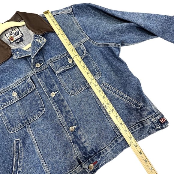 Vintage Ivy Crew Unisex Denim Jacket Size L Brown Leather Collar 90s Y2K Jean - Picture 9 of 10
